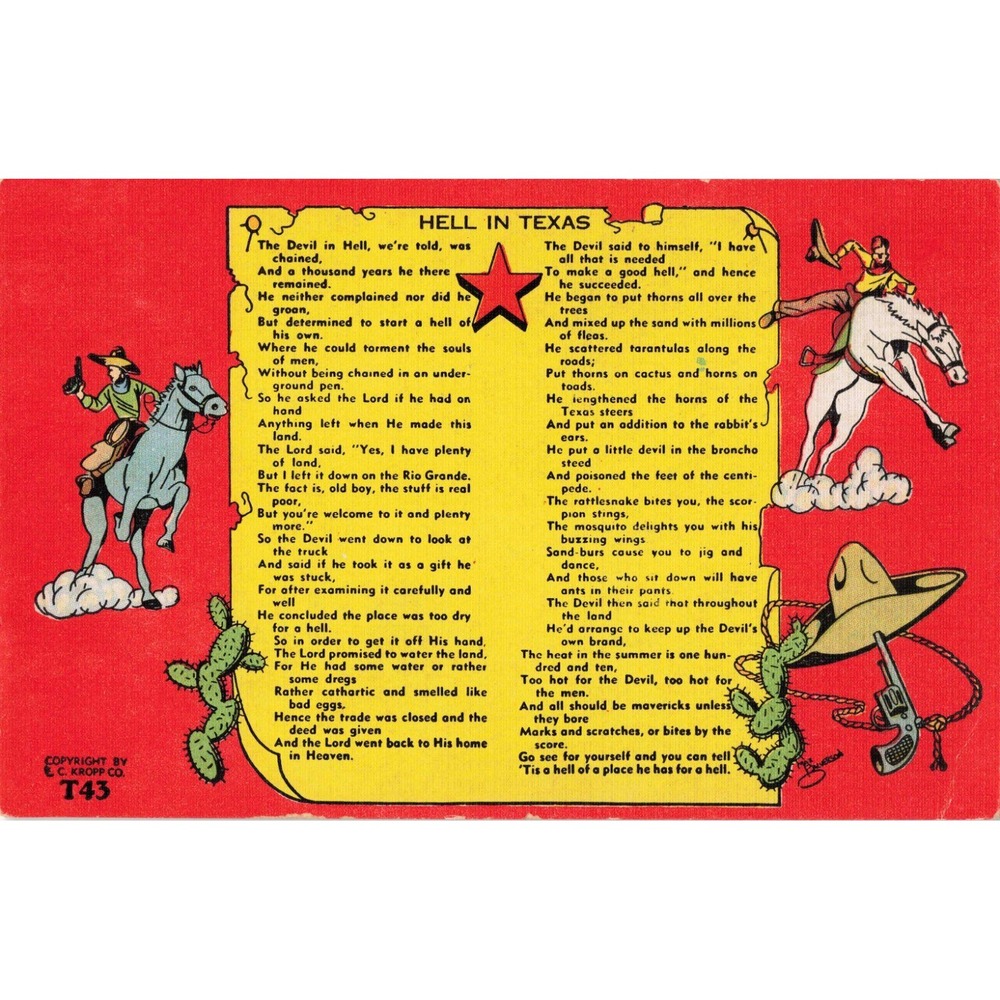 Vintage Hell in Texas Poem Postcard E. C. Kropp Co T43 Western Cowboy Art